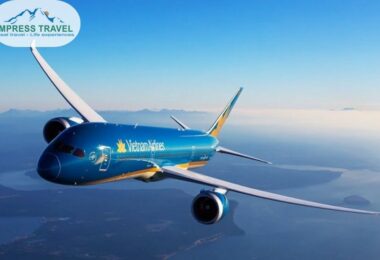 An image of a Vietnam Airlines aircraft flying high above the clouds, symbolizing international access and connectivity. The airline's vibrant colors and modern design reflect Vietnam's welcoming spirit and technological progress.