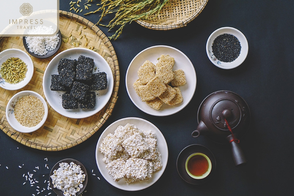 Cam Le dried sesame cake from Da Nang city sipping with tea