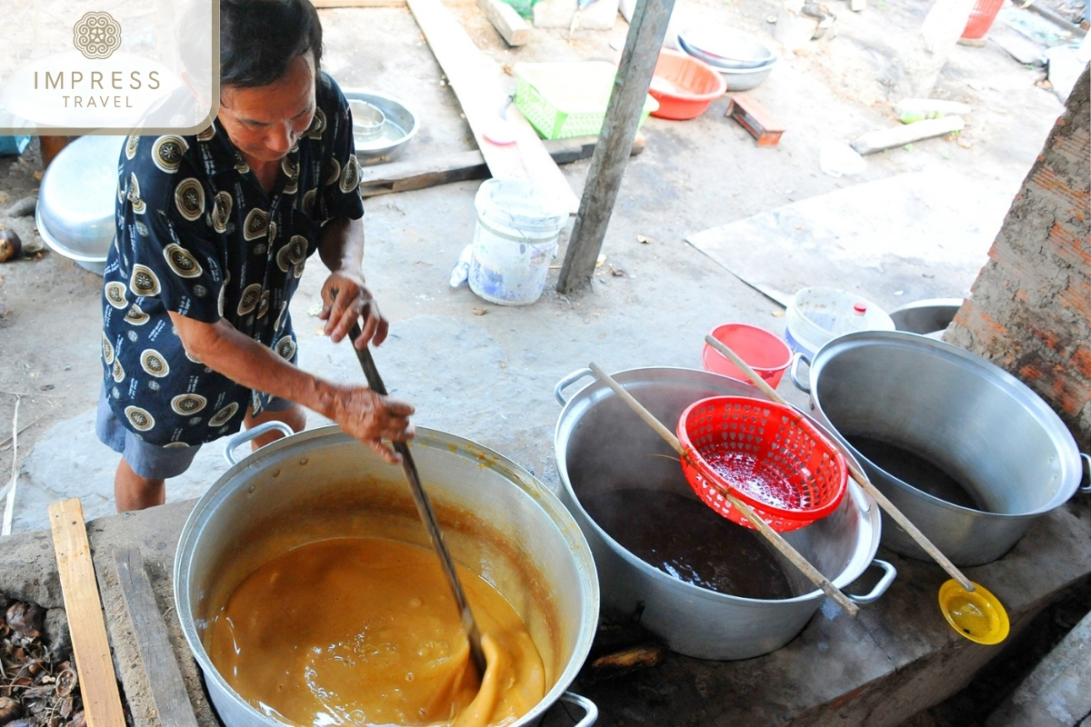 make Palmyra palm sugar in tour to visit Kherme Village in Chau Doc