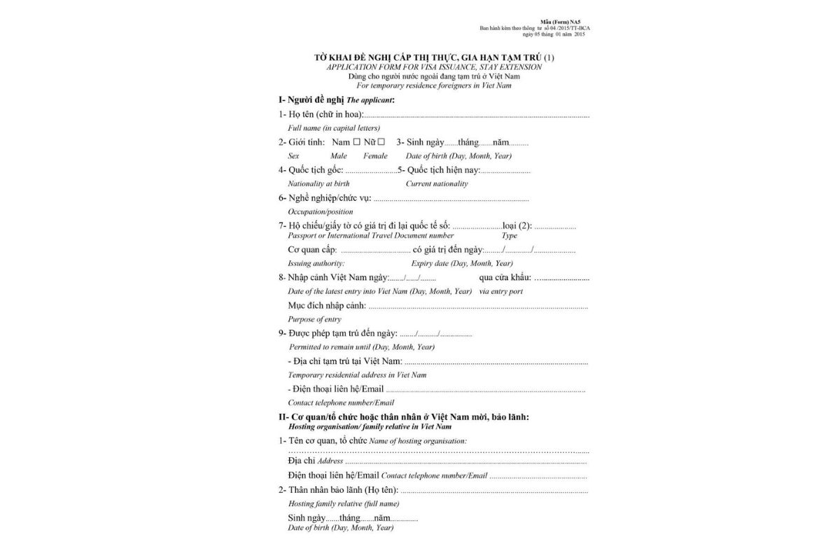 Form NA5 – Official visa extension application
