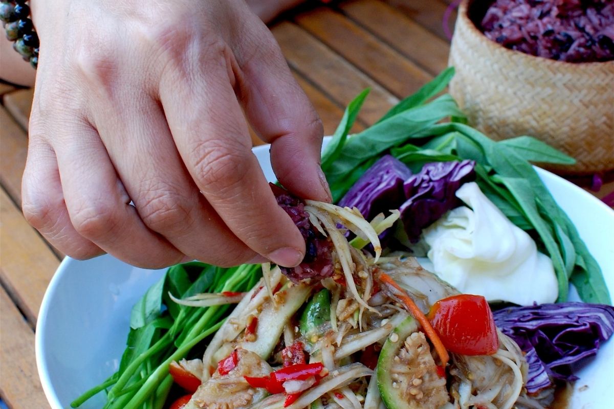 Eat Salad Using Left Hand Sticky Rice